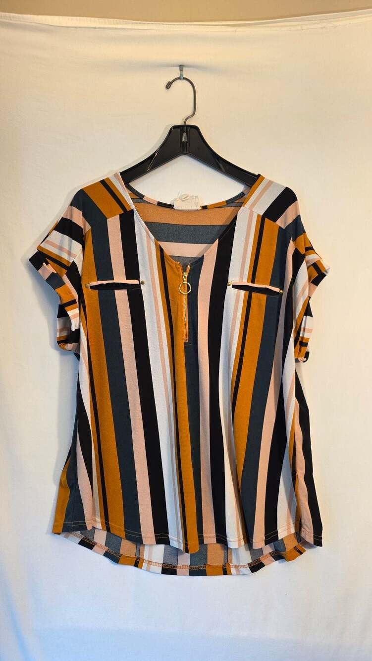 Women's Flower & Feather Striped Short Sleeve Top w/, 2XL